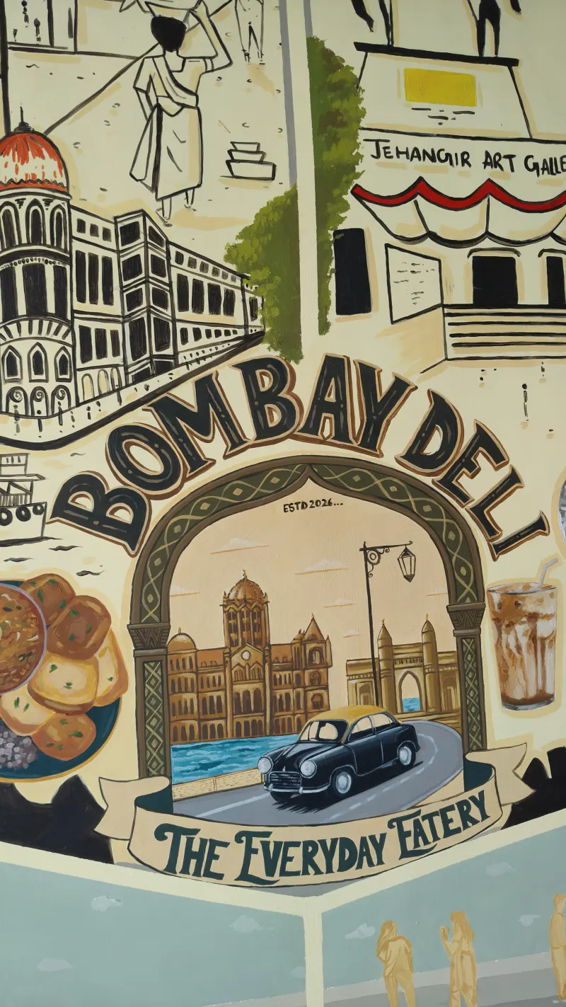 Illustrated Bombay cityscape mural painted for a café