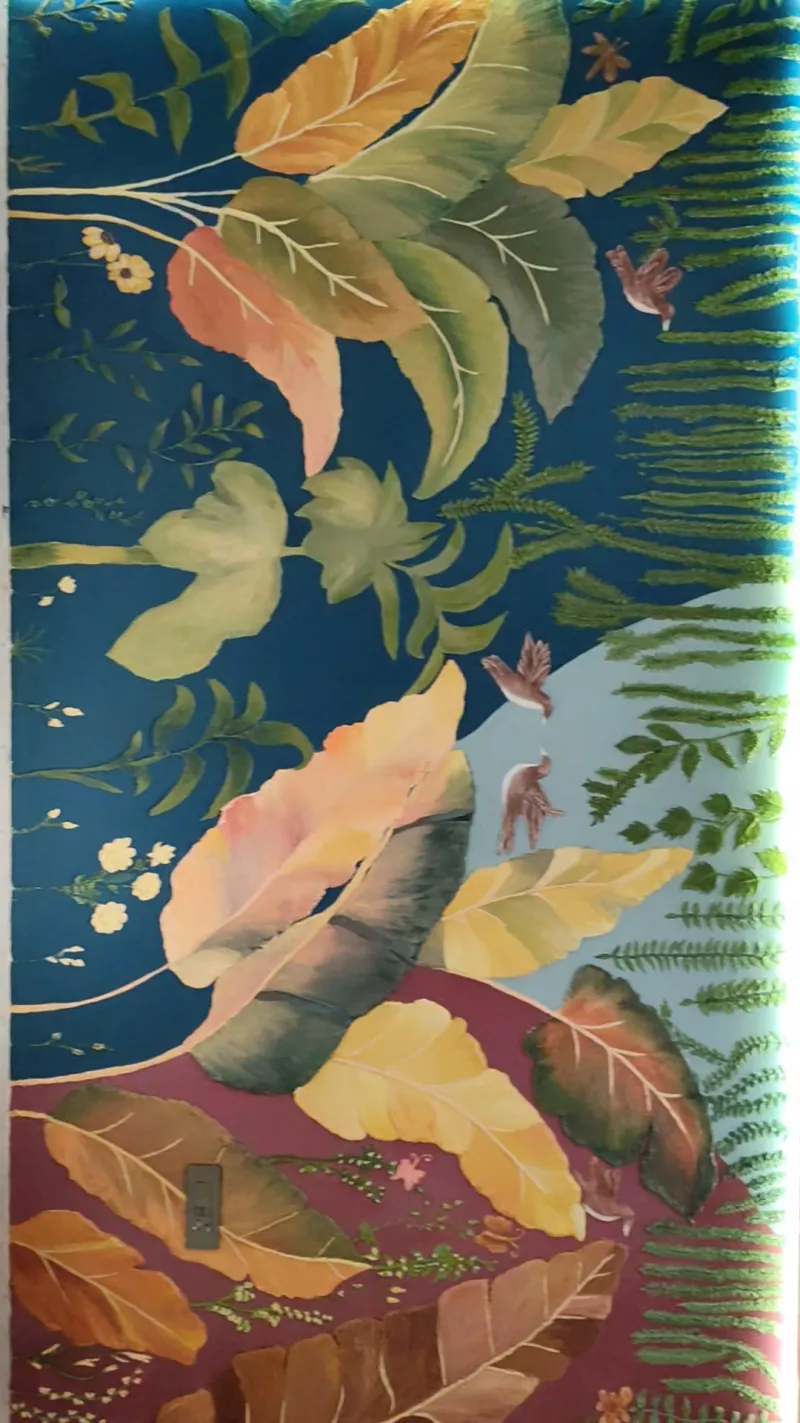 Backlit three-dimensional botanical panel of layered leaves