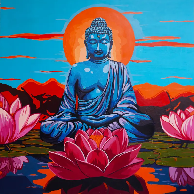 Pop-art painting of a blue Buddha on an orange sun