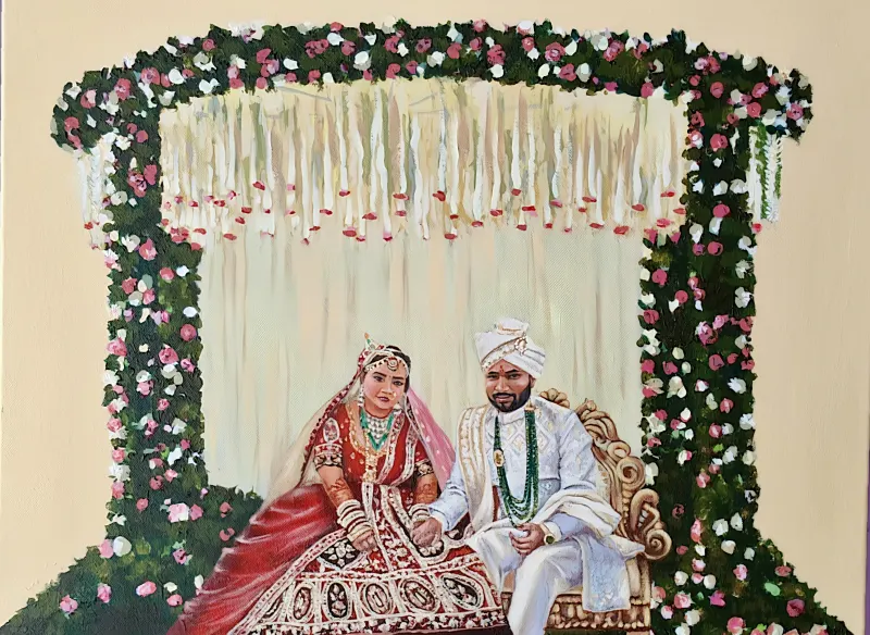 Live wedding painting of a couple at the mandap, painted in Gwalior
