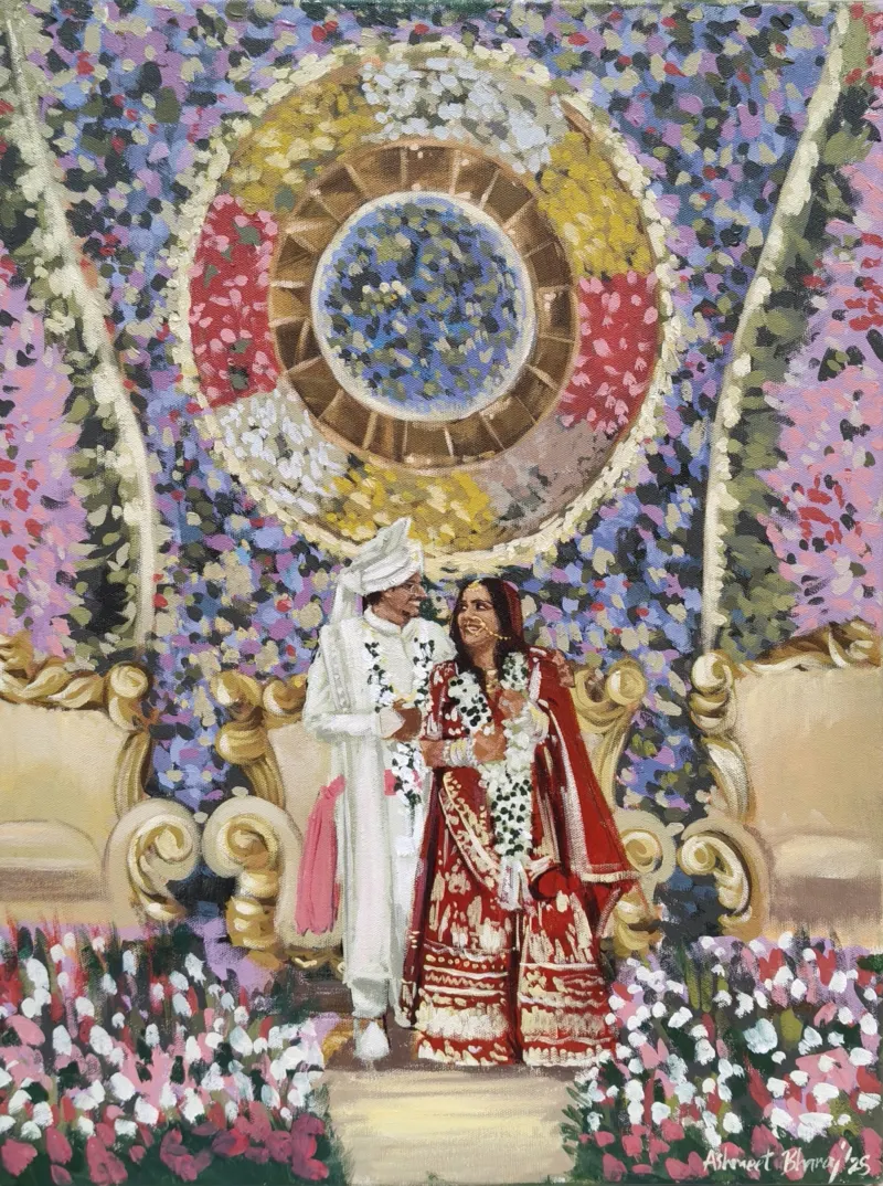Live wedding painting of a couple on a flower-decked stage in Delhi