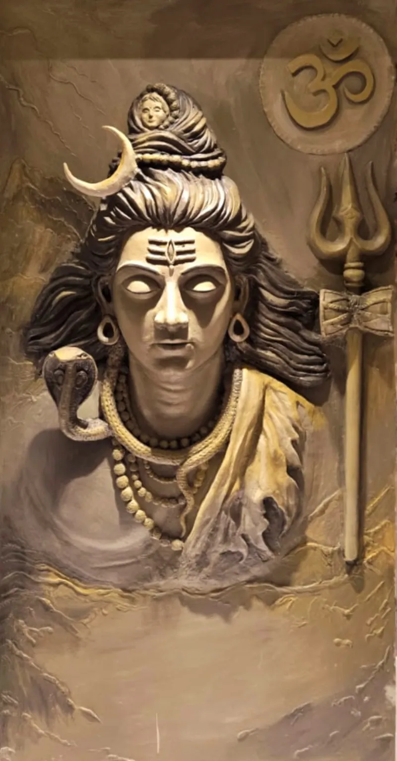 Cast fiber relief sculpture of Bhagwan Shivji set into a wall feature