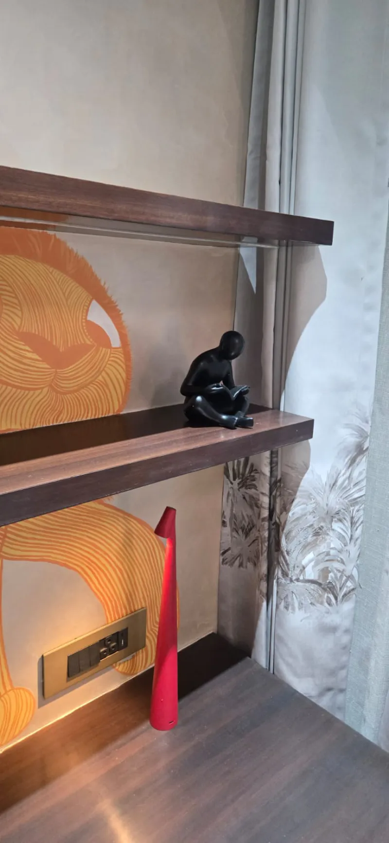 Study shelf with a painted lion vignette and hand-painted leaves