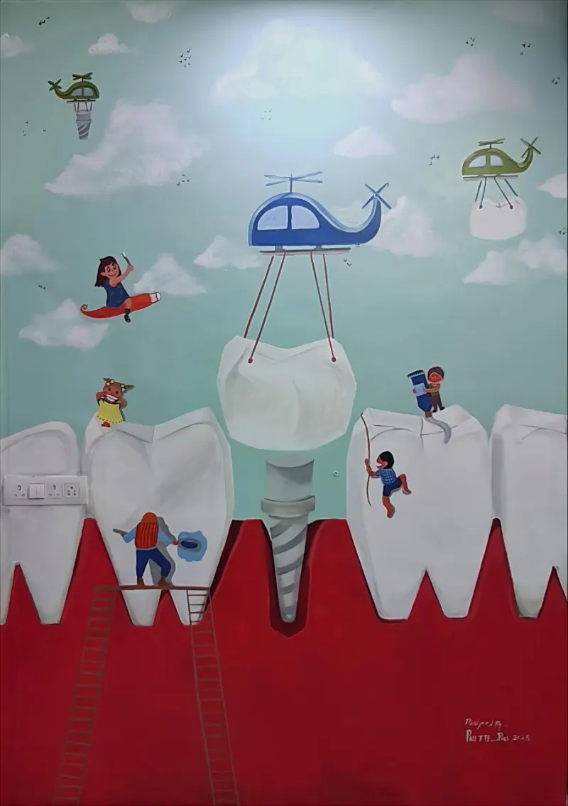 Dental clinic entrance mural showing figures cleaning and treating teeth